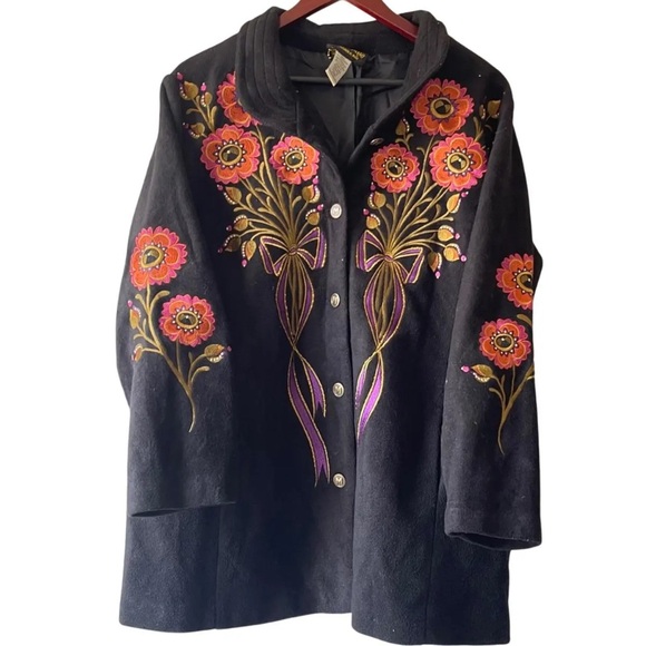 Bob Mackie Jackets & Blazers - Vintage Bob Mackie Wearable Art Black Fleece Coat with Floral Embroidery